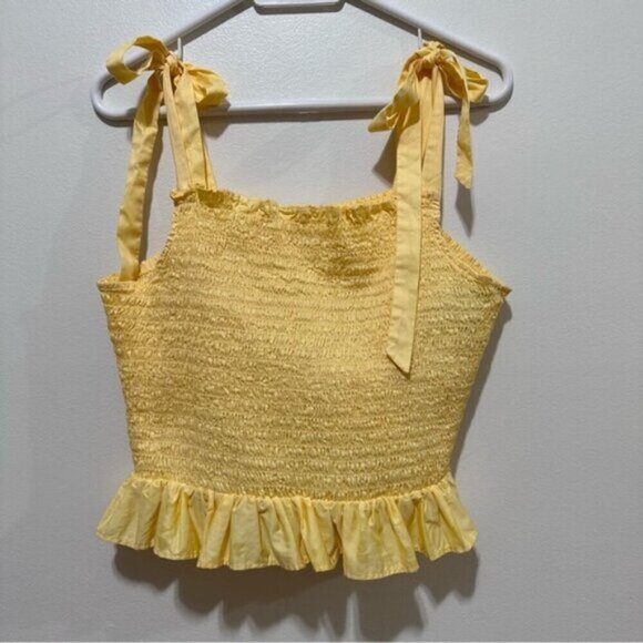 H&M Light Yellow Smocked Crop Top Bow 100% Cotton Ruffle Trim Women's Size XL - Picture 3 of 9